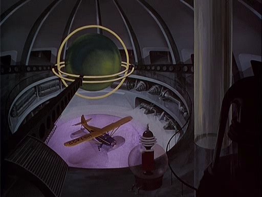 Image of the Stinson 108-1 in a flying saucer hangar